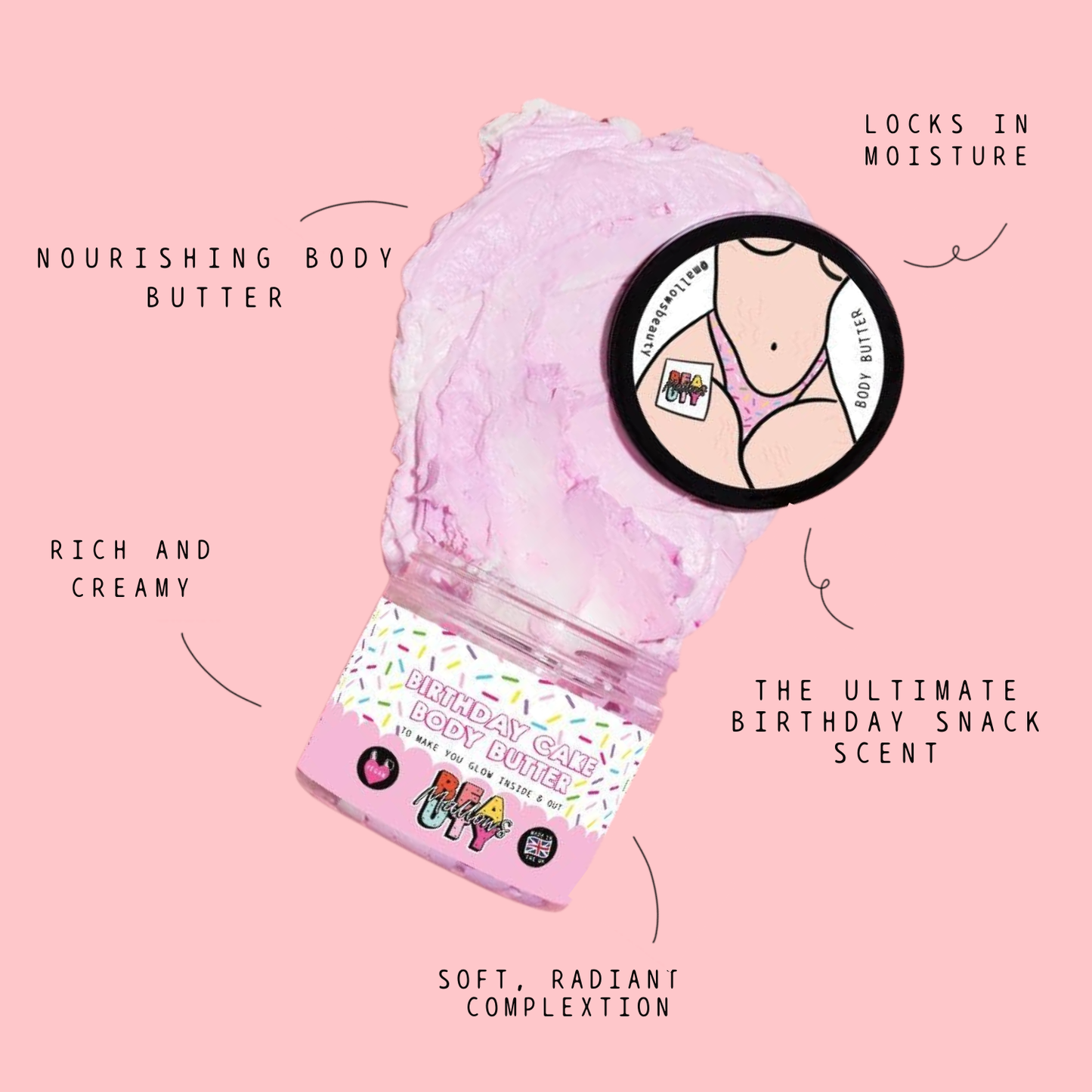 Birthday cake body butter in a tub on a pink background