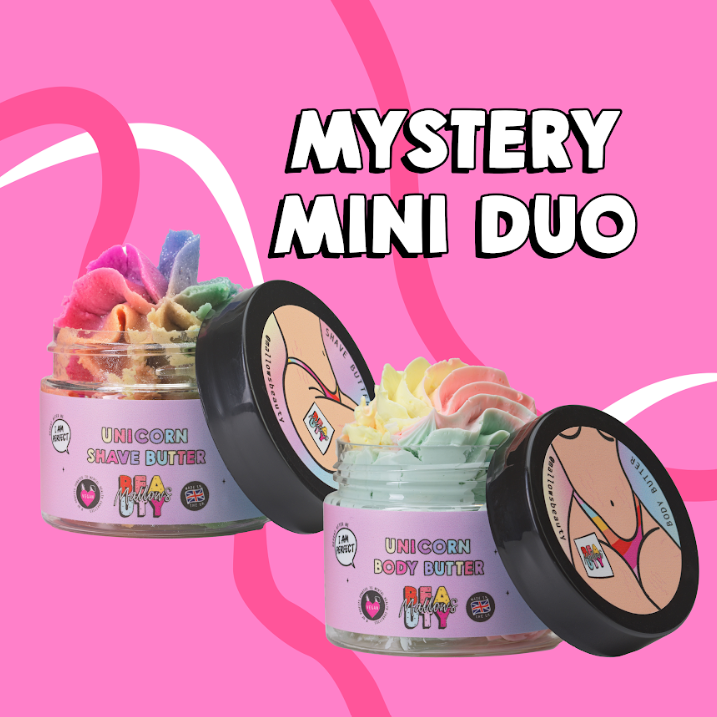 Mini Unicorn shave butter and body butter on a pink background
