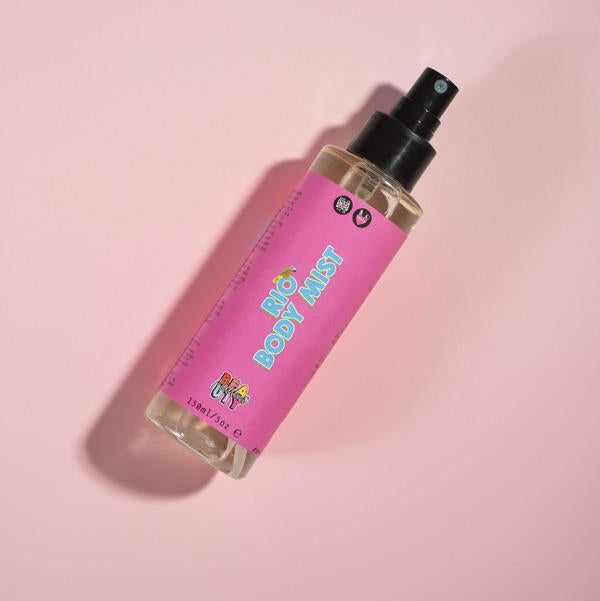 rio body mist in a bottle on a pink bsckground