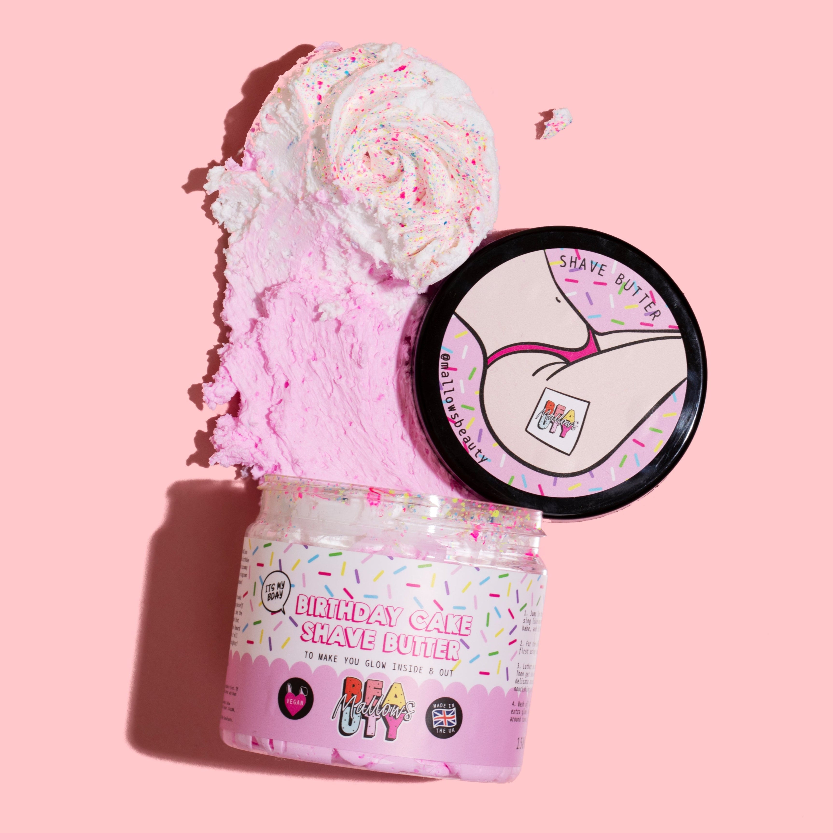 Birthday Cake Shave Butter in a tub on a pink background