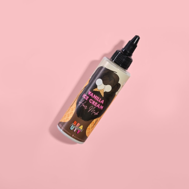 Vanilla ice cream hair mask in a bottle on a pink background