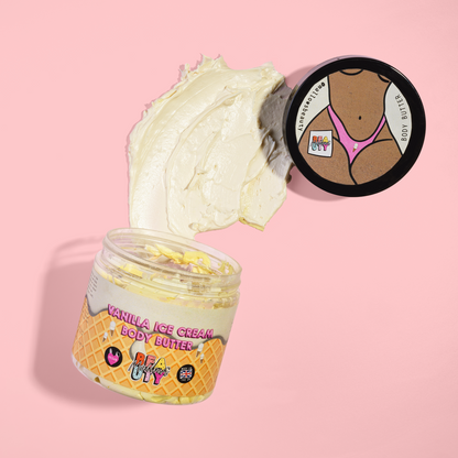 Vanilla ice cream themed body butter jar with a pink background