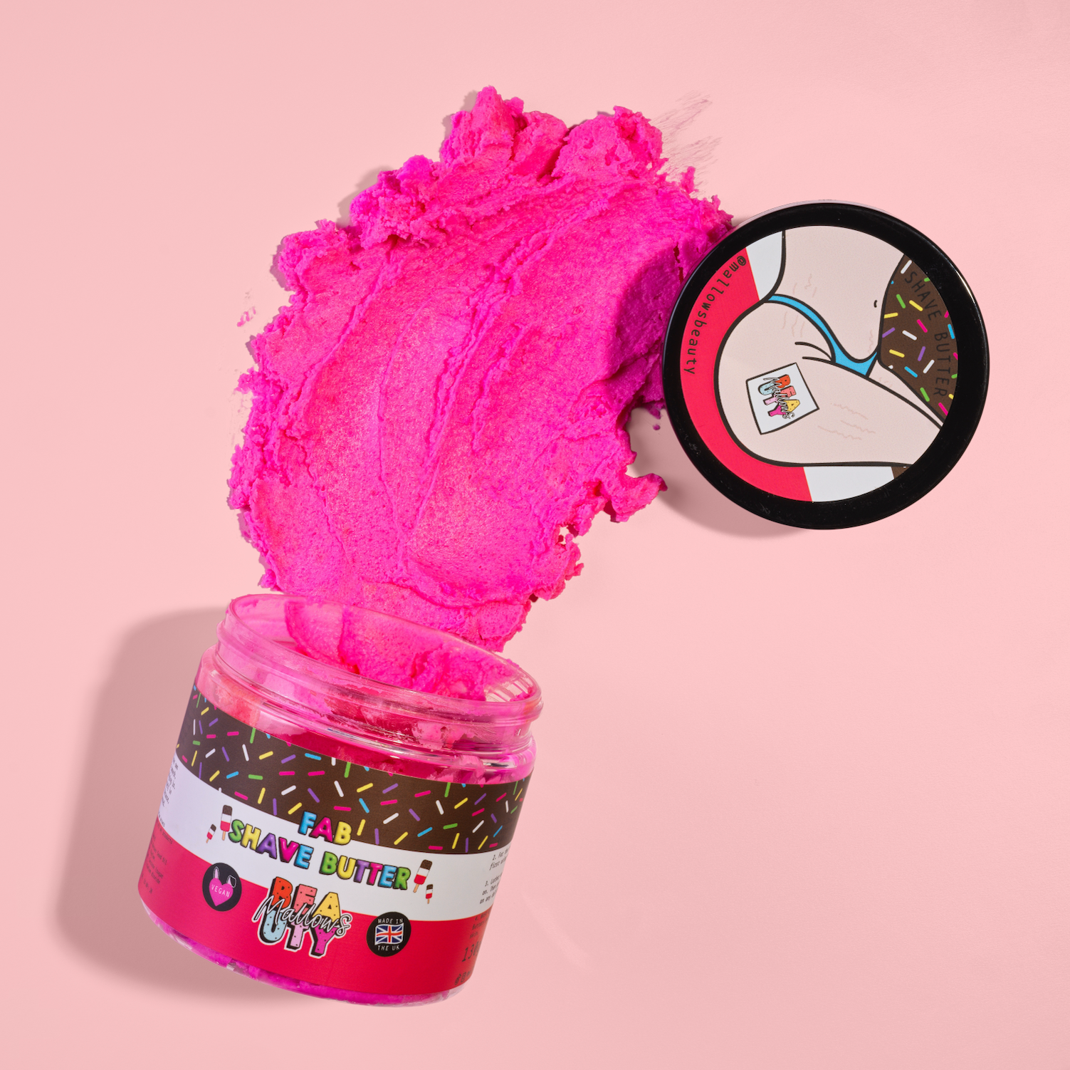 Pink shaving cream in a container with a close-up of the cream on a pink background